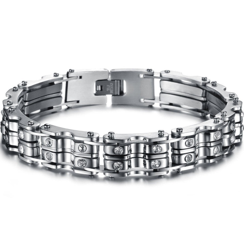 Fashion Stainless Steel Bracelet Mens Jewelry bike Chains with clear shinning crystal Titanium Bracelet