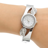 Fashion Student Children Cuff Bangle Watch Round Quartz Watch Women Dress Watch Gift Rhinestone Leaves Decor