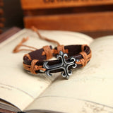 Fashion Tibetan Cross Charms Alloy Black Genuine Leather Bracelets Men & Women Bracelet Bangles Jewelry