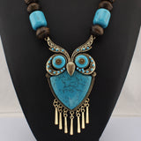 Fashion Tibetan Style Women Statement Necklaces Wood Chain Turquoise Big Owl Necklaces & Pendants Boho Jewelry Maxi Dress