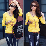 Fashion Women's Girls Basic V-Neck Long Sleeve T-shirt Bottoming Shirt Top