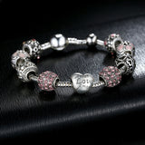 Fashion Antique 925 Silver Charm Bangle & Bracelet with Love and Flower Crystal Ball for Women Wedding 