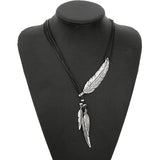 Fashion Bohemian Style Black Rope Chain Feather Pattern Pendant Necklace For Women Fine Jewelry Collares Statement Necklace