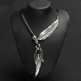 Fashion Bohemian Style Bronze Rope Chain Feather Pattern Pendant Necklace 