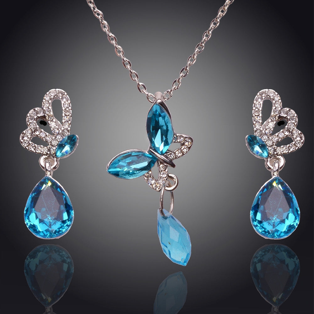 Fashion Brand New Austrian Crystal Butterfly Earrings Water Drop Pendant For Women Jewelry Sets Wedding Party Gift