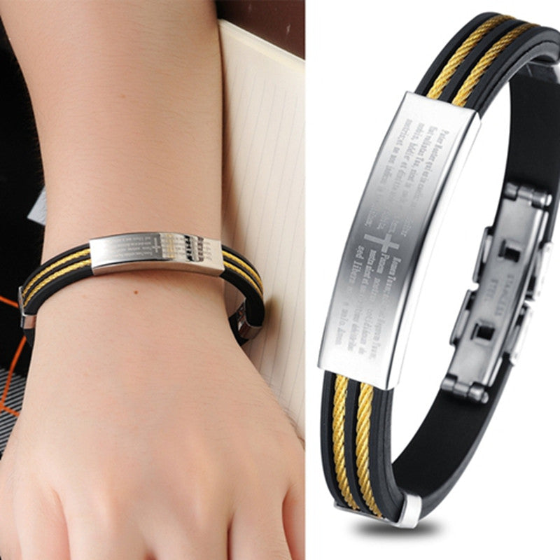New Fashion Jewelry Punk Gold Stainless Steel Cross Black Genuine Silicone Men Bracelet Male Bangles