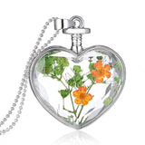 Fashion Jewelry Romantic Crystal Glass Heart Shape Floating Locket Dried Flower Plant Pendant Chain Necklace for Women Girls