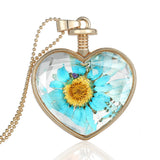 Fashion Jewelry Romantic Crystal Glass Heart Shape Floating Locket Dried Flower Plant Pendant Chain Necklace for Women Girls