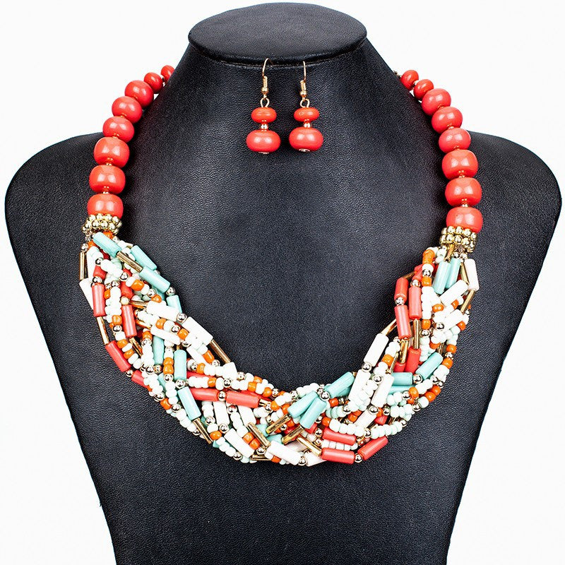 Fashion Jewelry Sets Woman's Necklace Earring Set Multicolor Resin Beads Handmade Tibet Design New Party Gifts