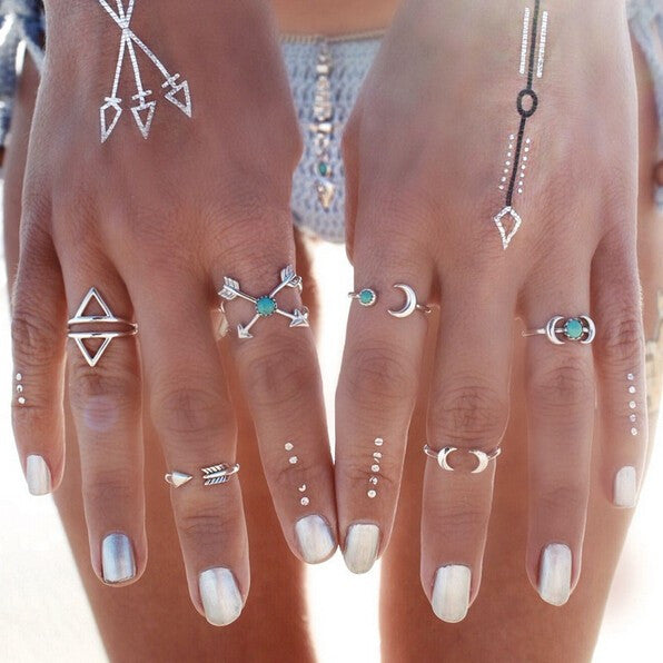 Vintage Turkish Beach Punk Moon Arrow Ring Set Ethnic Carved Silver Plated Boho Midi Finger Ring 6PCS
