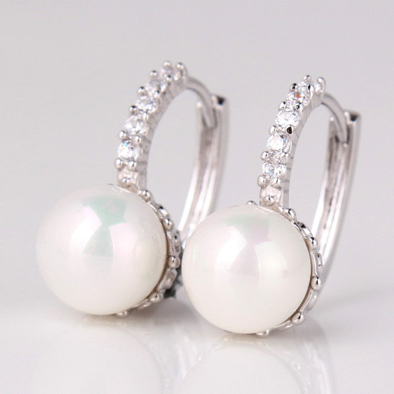 Fashion Round Ball Crystal Zirconia Jewelry 18K Gold Plated Hoop Earrings White/Gray Pearl Wedding Earring for Women