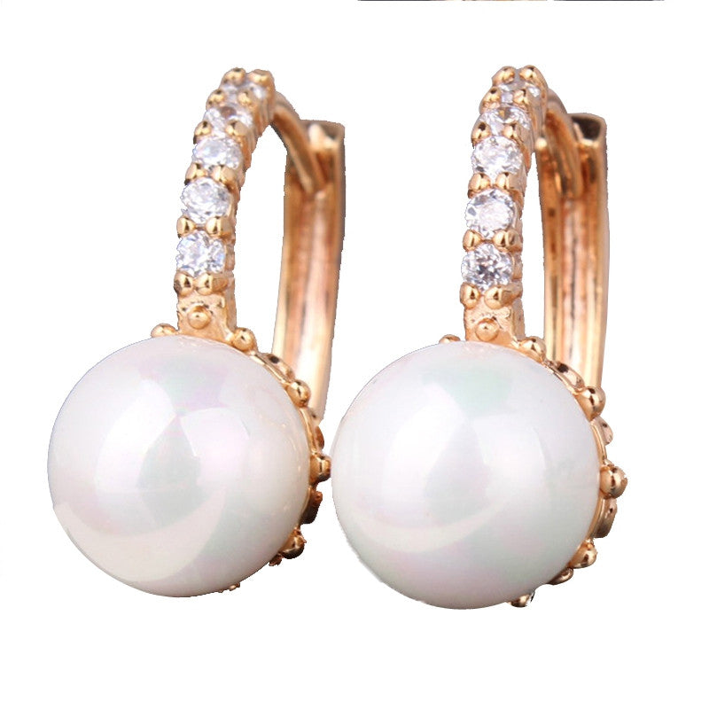 New Fashion Round Ball Crystal Zirconia Jewelry 18K Gold Plated Hoop Earrings White/Gray Pearl Wedding Earring for Women