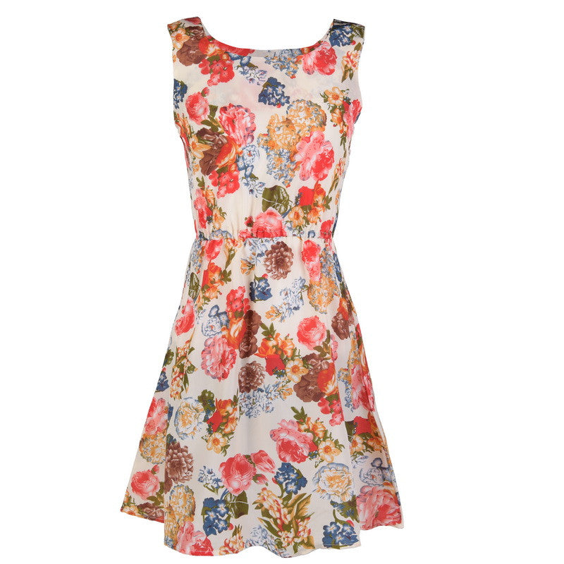 Fashion Women New Desigual Apricot Sleeveless Round Neck Florals Print Pleated Dress Saias Femininas Summer Clothing