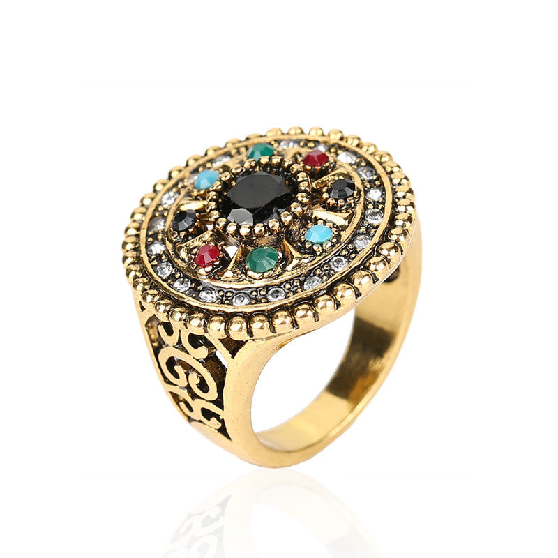 Fine Vintage Jewelry Round Trendy Flower Multicolor Resin Crystal Ancient Gold Plated Ring For Women