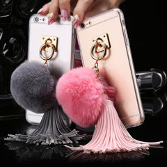 For iphone 6 6s / Plus Case Fundas Rabbit Fur Ball Tassels Metal Ring Cases Soft TPU + Hard PC Girly Coque Cover For Iphone6 I6