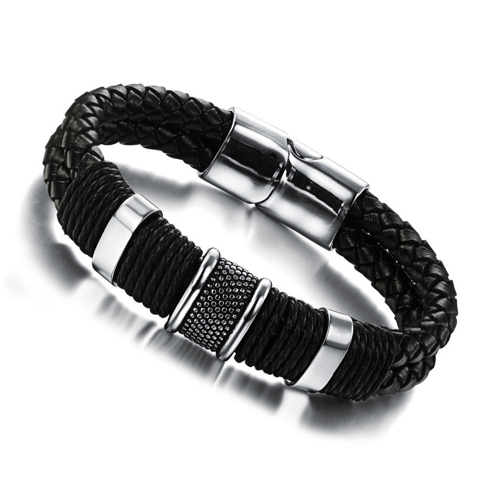 Genuine leather bracelet men stainless steel leather braid Bracelet with magnetic buckle claps