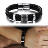 Genuine leather bracelet men stainless steel leather braid Bracelet with magnetic buckle claps