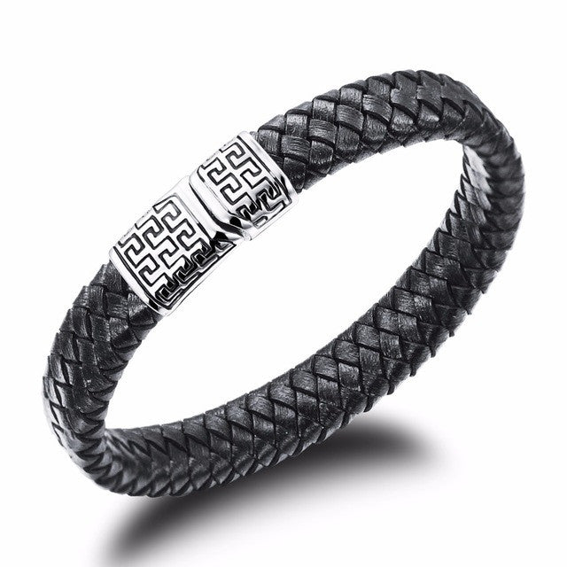 Genuine leather bracelet men stainless steel leather hand woven Bracelet with magnetic buckle punk rock