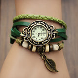 New Arrivals Genuine Leather Hand Knit Vintage Watches,bracelet Wristwatches Leaf Pendant