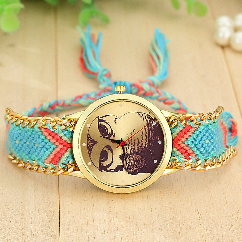 Fashion Handmade Braided Owl Friendship Bracelet Rope Watch Women Quartz Wristwatches
