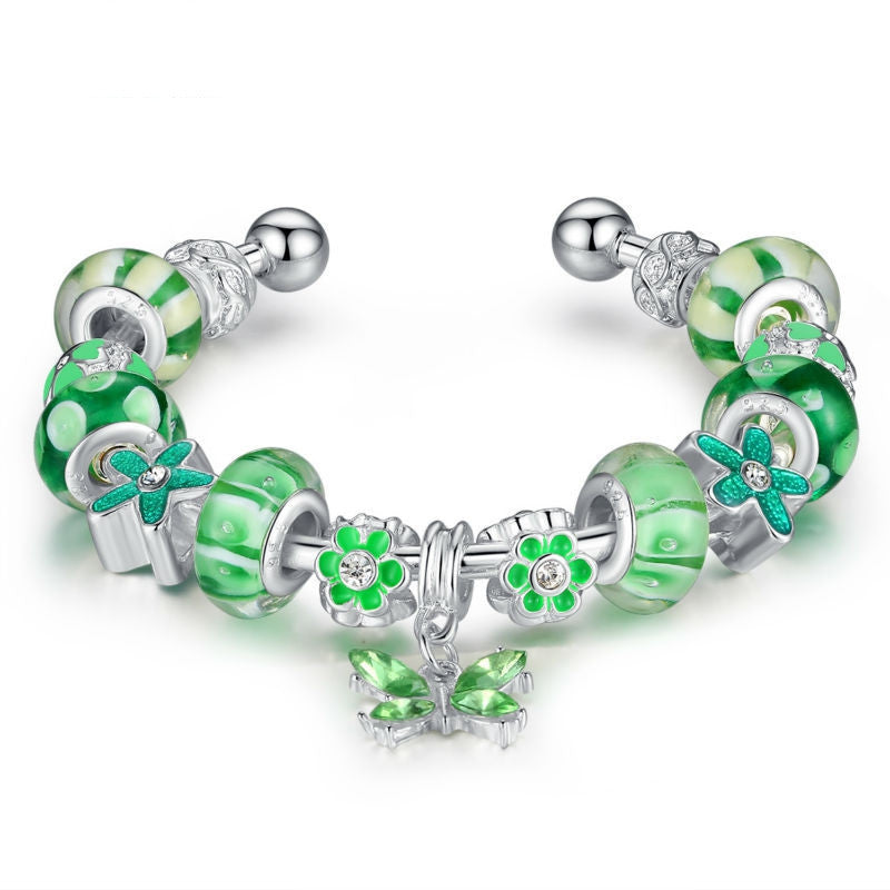 High Quality Silver Bracelets & Bangle for Women With Green Murano Glass Beads Butterfly Charm DIY Jewelry Gift