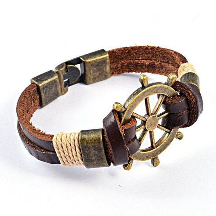 High Quality Fashion Jewelry Vintage Stainless Steel Rudder Charm Genuine Cow Leather Bracelet For Men Party Gift