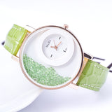 High quality New Fashion Trendy Casual Watch Moving Beads Crystal Quartz Women Dress Watch PU Leather ladies Wristwatch 