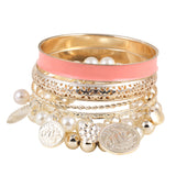 Hollow Imitation Pearl Coins Element Avatar Statement Charm Multilayer Bangle and Bracelet Fashion Jewelry Women