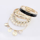 Hollow Imitation Pearl Coins Element Avatar Statement Charm Multilayer Bangle and Bracelet Fashion Jewelry Women