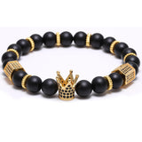 Hot Sale Micro Pave Black CZ Zirconia Gold Plated King Crown Charm ATOLYEWOLF Bracelet Men Dull Polish Matte Stone Bead Bracelet