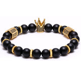 Hot Sale Micro Pave Black CZ Zirconia Gold Plated King Crown Charm ATOLYEWOLF Bracelet Men Dull Polish Matte Stone Bead Bracelet