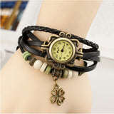 New Fashion Leather Watch Four Leaf Clover Pendant Quartz Watches Women Vintage Hand Knit Ladies Bracelet Watch