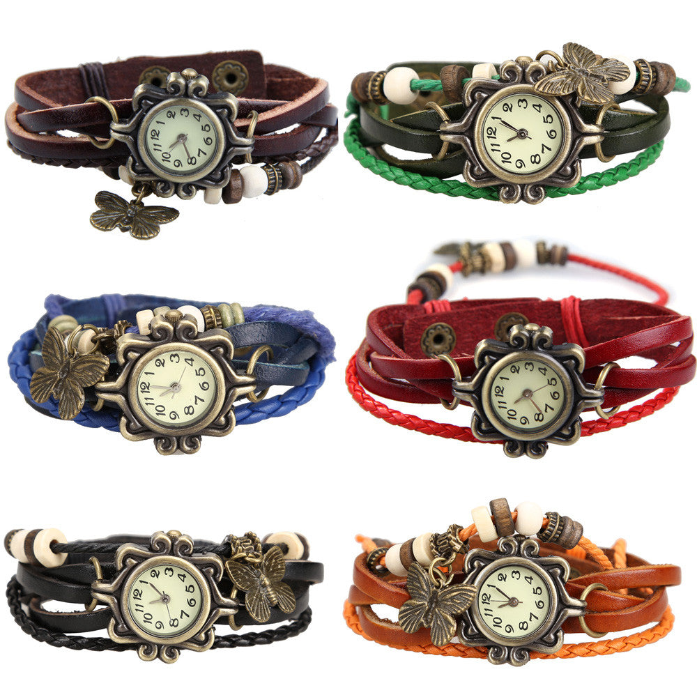Hot Sale Vintage Quartz Wristwatch Women Dress Watches Wrap Butterfly Pendant Synthetic Leather Strap Watches Bracelet Wristwatch