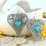 Hot Silver Color Turquoise Earrings Charming Crystal Big Heart Shaped Dangle Earrings for Woman Fine Jewelry