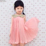 Hot sale! Summer Girls Pleated Chiffon One-Piece Dress With Paillette Collar Children Colthes For Kids Baby