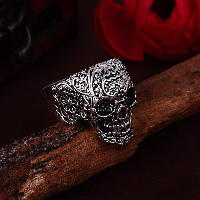 Hot Sale Men's Punk Style Flower Skull Biker Ring Fashion Skeleton Jewelry