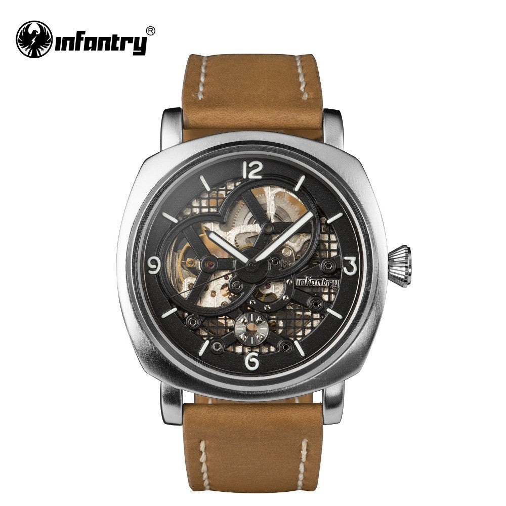 INFANTRY Watch Skeleton Automatic Mechanical Military Mens Watches Leather Strap Fashion Casual Brand Watches Relojes 2016 Clock