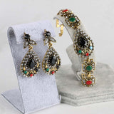 India Jewelry Sets Plated Ancient Bronze Mosaic Rhinestone Hollow Out Carved Geometric Vintage Statement Bracelets Earrings Set