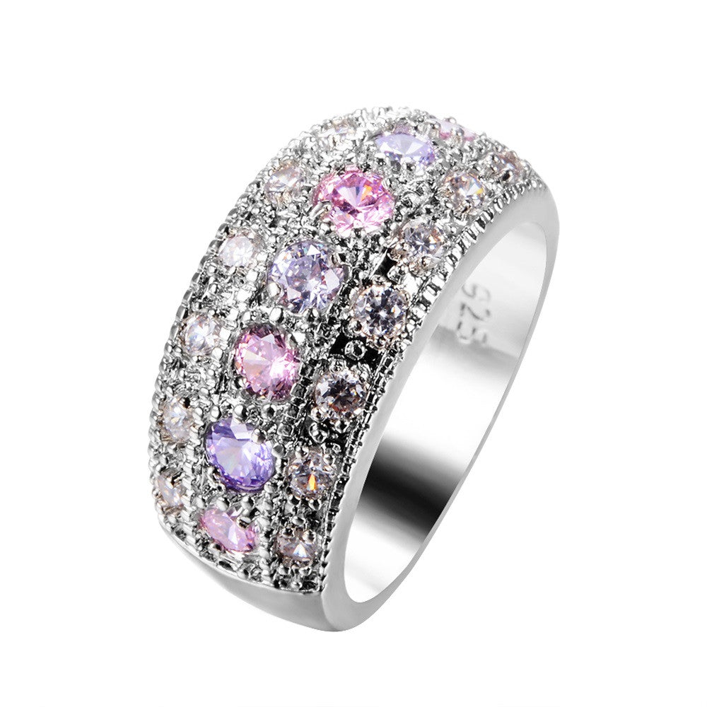 Female Pink & Purple Round Ring 925 Sterling Silver Filled Vintage Wedding Engagement Rings For Women
