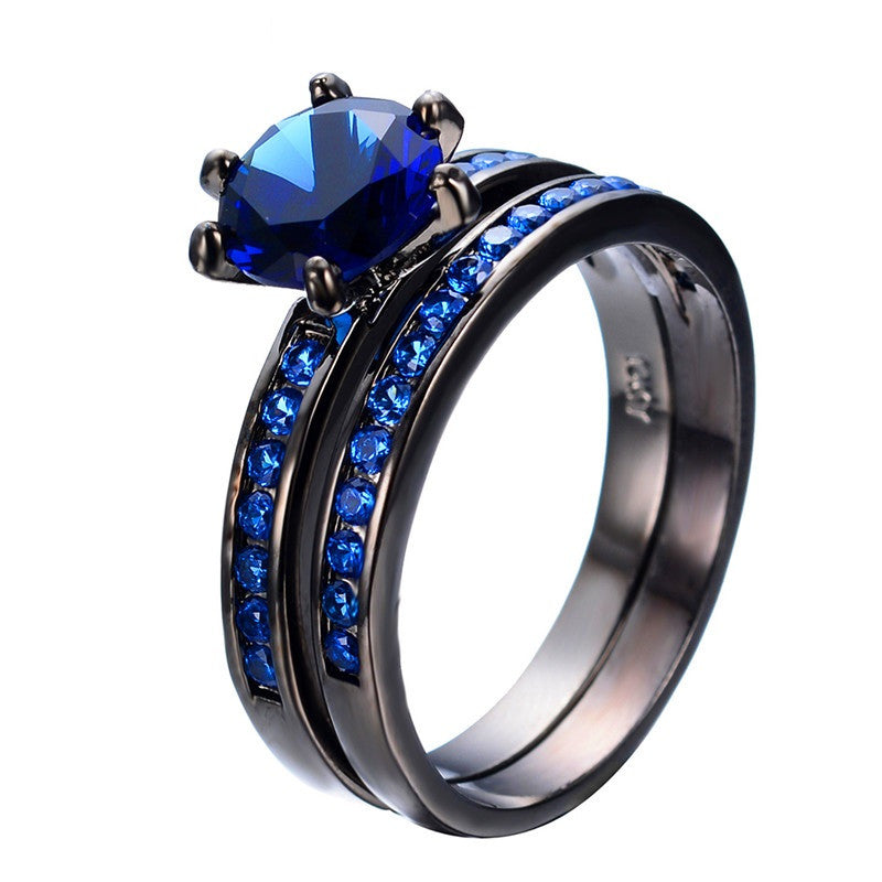Charming Blue Crystal Zircon Ring Sets Vintage Wedding Rings For Men And Women Black Gold Filled Jewelry
