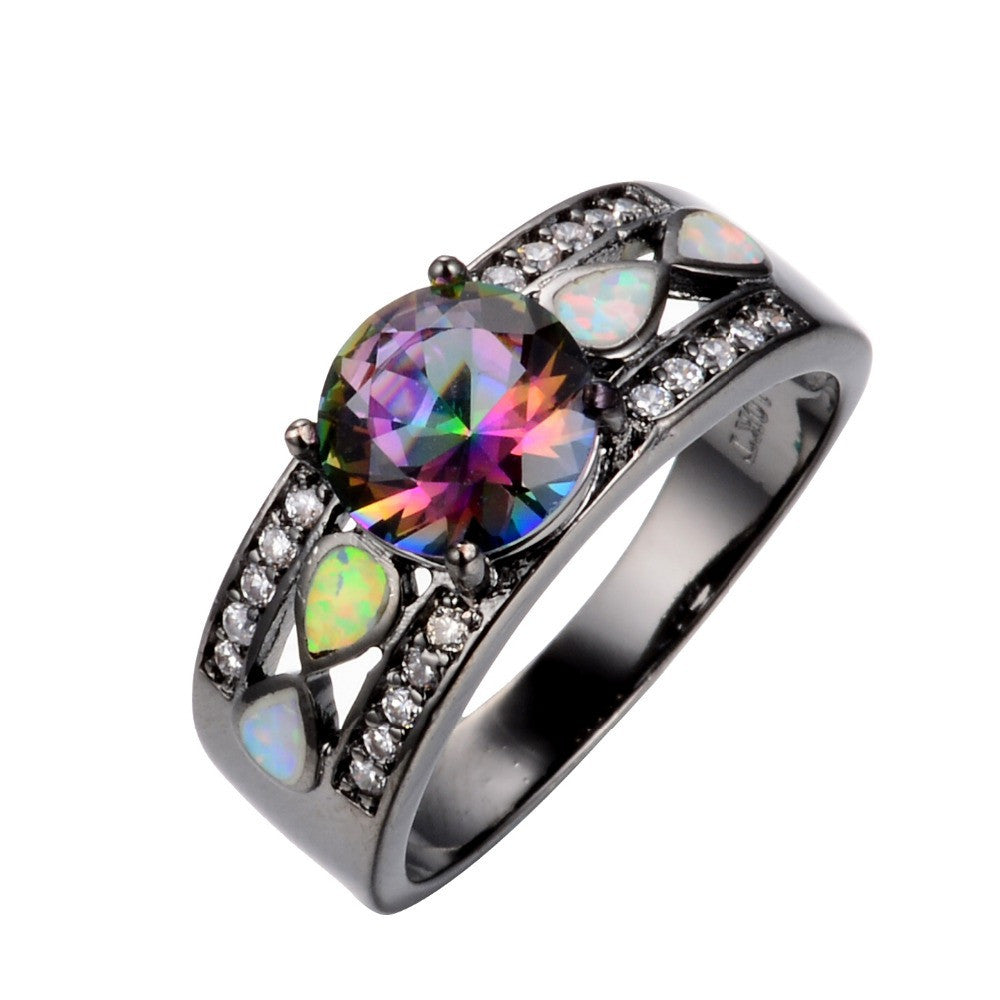 Fashion Jewelry Women Wedding Rainbow Opal Rings Colorful CZ 10KT Black Gold Filled Engagement Ring