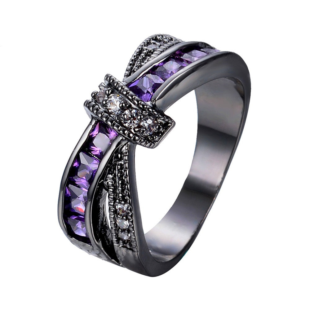 Female Purple Cross Ring Fashion White & Black Gold Filled Jewelry Vintage Wedding Rings For Women Birthday Stone Gifts