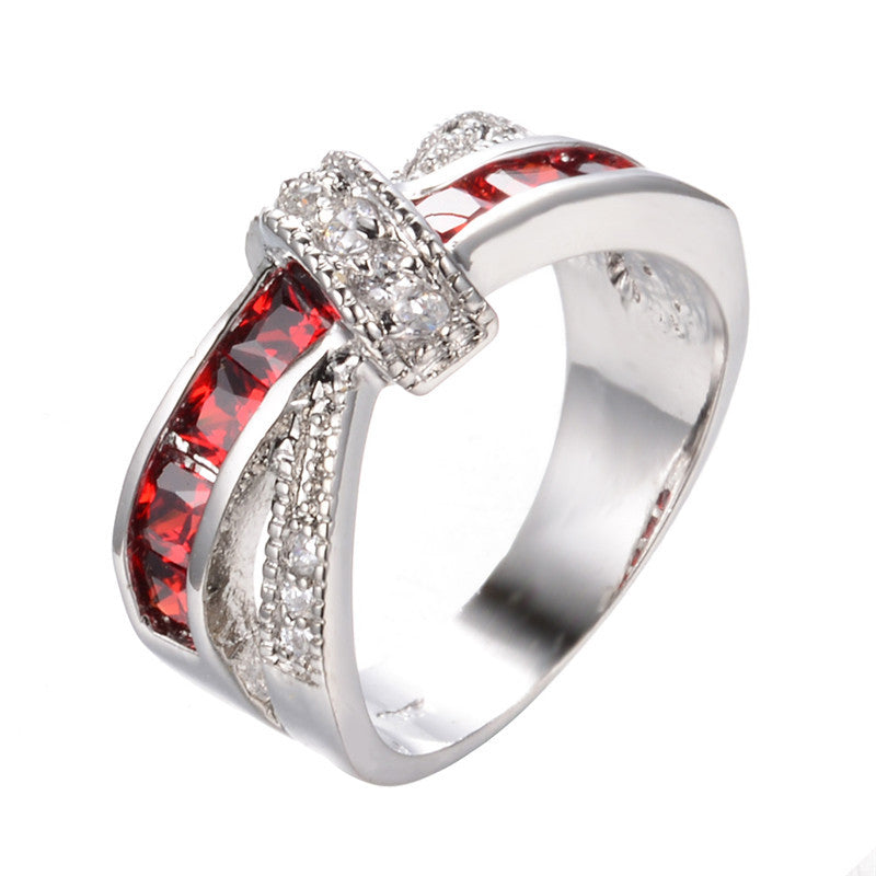Women Lady Fashion Jewelry White Gold Filled Rings Red Color Zircon Trendy Ring