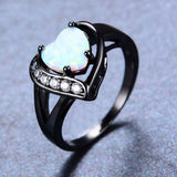 Women White Fire Opal Heart Ring With AAA Zircon Black Gold Ring Promise Engagement Rings Bridal Fashion Jewelry