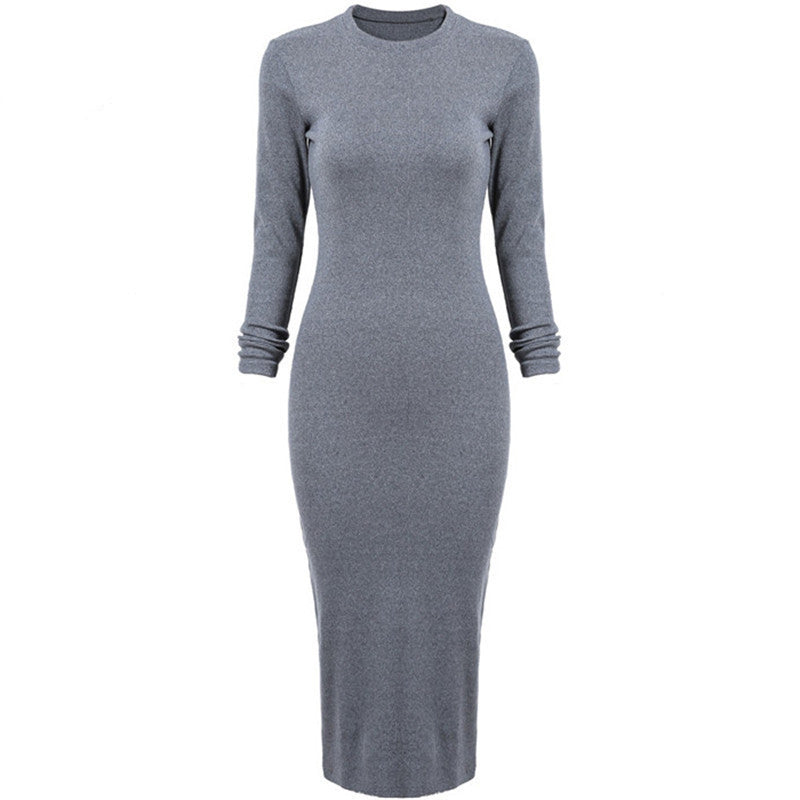 Korean Designer Casual Style Female Dresses Plain High Street Fashionable Long Sleeve Round Neck Dress