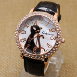 Lovely Black Crystal Cat Round Dial Quartz Watch Women Watch