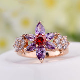 Luxury 18K Gold Plated Flower Finger Rings with Purple and Red Zircon for Women Wedding