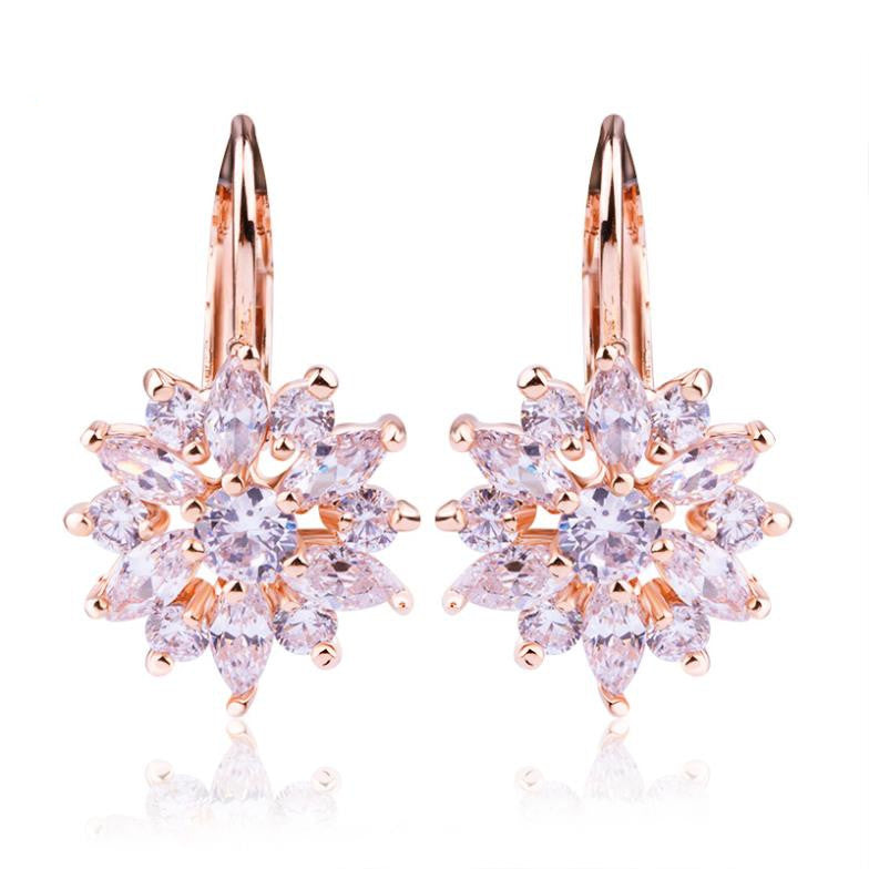 Luxury Champagne Gold Flower Stud Earrings with Zircon Stone Women Birthday Gift