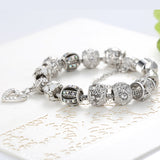 Luxury 925 Tibetan Silver Bead Crystal Dangle Heart Charm Bracelet for Women Fine Jewelry Original Bracelet Pulsera Gift