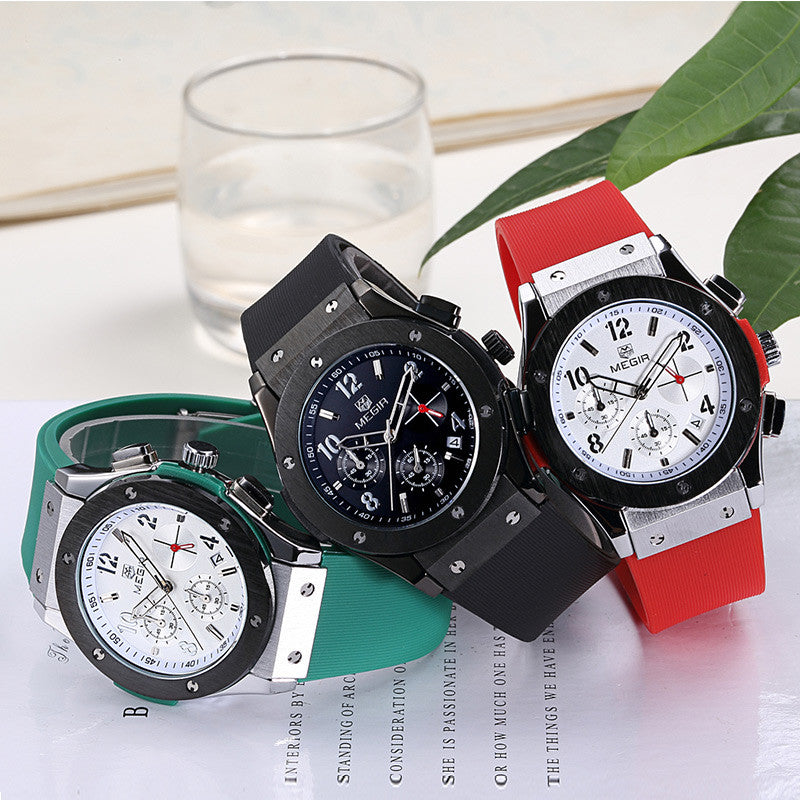 MEGIR Auto Date Chronograph Men Watch Waterproof Fashion Casual Silicone Strap Military Sport Watches Clock